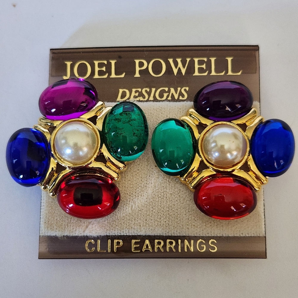 VTG  Clip-on JOEL POWELL DESIGNS Goldtone Multicolor Jewel Earrings